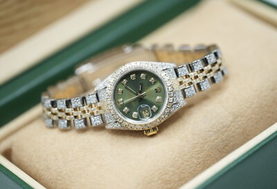Ladies Steel & Gold Rolex Datejust 26mm 69173 Fully Diamond Custom Olive Dial