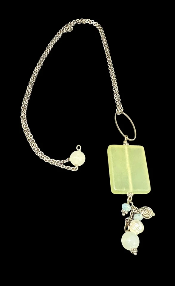 Collar Artesanal Placa de Plata Tallada Jade Perla Cristal Cuentas Modernista Foto 4 de 4