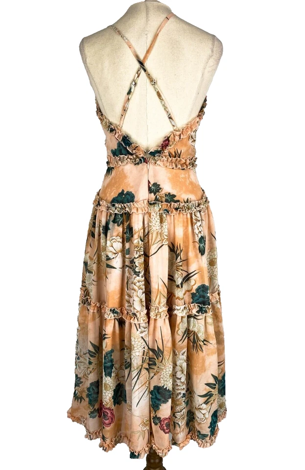 Angel Biba Womens Dress 8 Peach Tiered Floral Floaty Dress - image 2 of 4