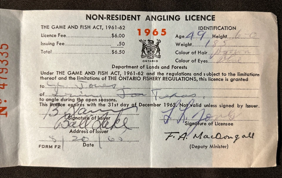 De colección 1965 Ontario no residente licencia de pesca pesca Canadá Foto 2 de 4