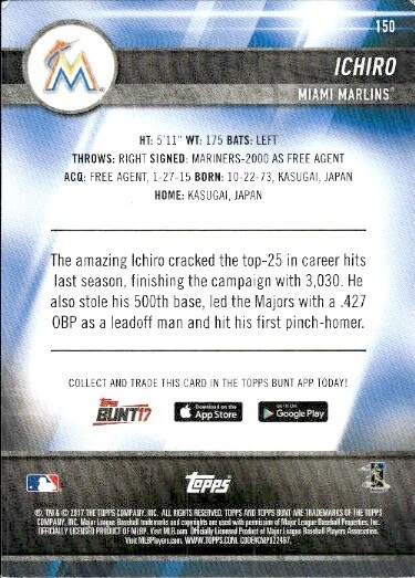 2017 Topps Bunt #150 Ichiro Miami Marlins Baseball - Image 2 of 2