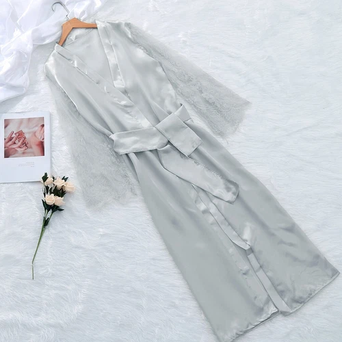 Damen Satin Lang Nachthemd Seide Spitze Dessous Nachthemd Nachtwäsche Sexy Morgenmantel - Bild 8 von 30
