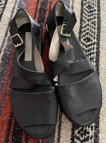 AGL Black Leather Flat Platform Slingback Gold Buckle Sandals Womens Shoes  Sz 10 | eBay