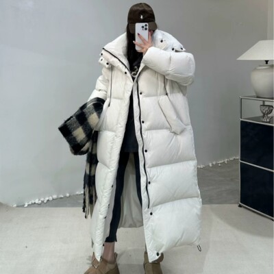 Women's White Duck Down Long Jacket Winter Hooded Thicken Coat