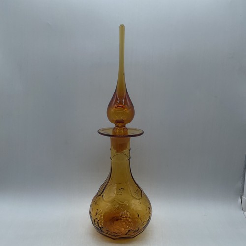 RARE VTG Handblown Glass Decanter-Stopper Embossed Grapes Tangerine Amberina-EC