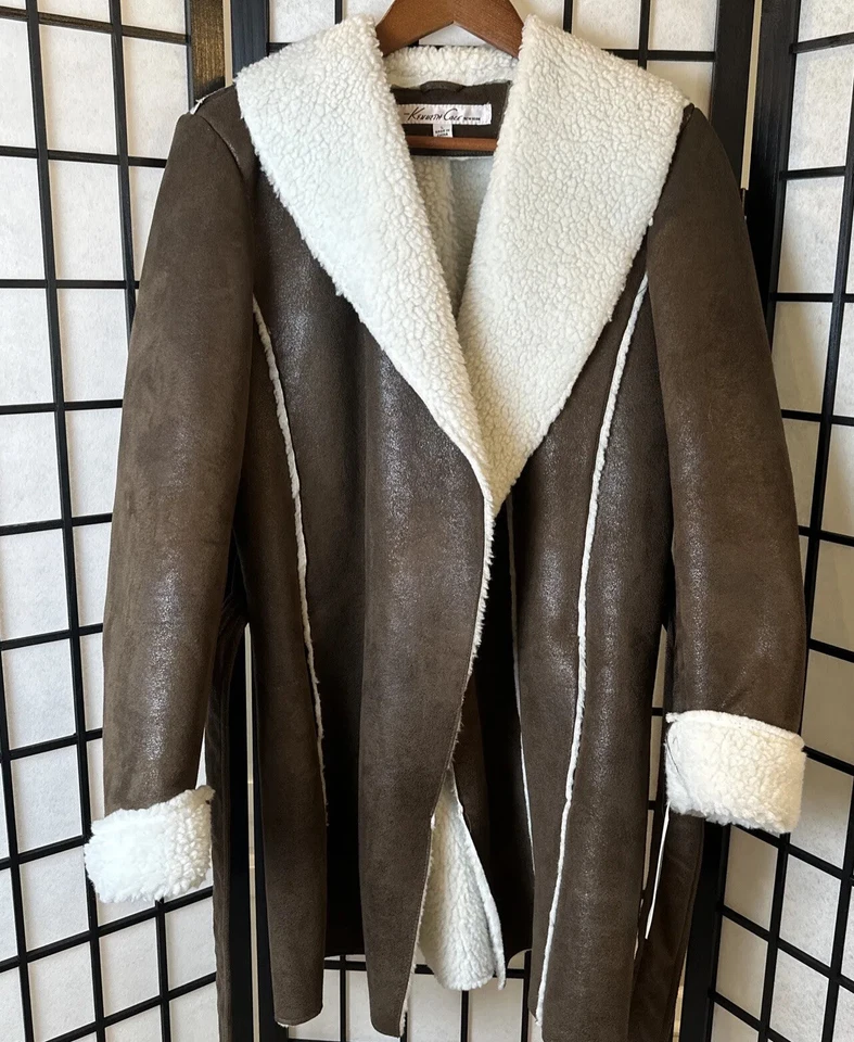 Nuevo con etiquetas Abrigo Chaqueta Kenneth Cole Vintage Marrón Imitación Cuero Gamuza Polar Piel Talla L Foto 4 de 4