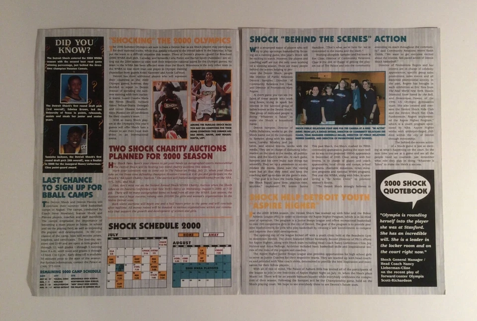 Lote de boletines informativos de baloncesto efímeros de colección de la WNBA Detroit Shock 2000 y 2006 Foto 3 de 4