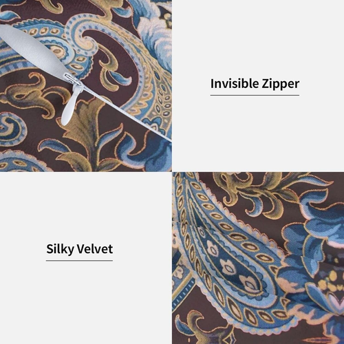 Set of 2 Throw Pillow Covers Blue Floral Brown Spirals Vintage Paisley Case Soft - Picture 3 of 12