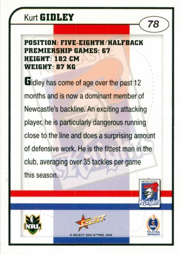 Signed 2005 NEWCASTLE KNIGHTS NRL Card KURT GIDLEY - Picture 2 of 2