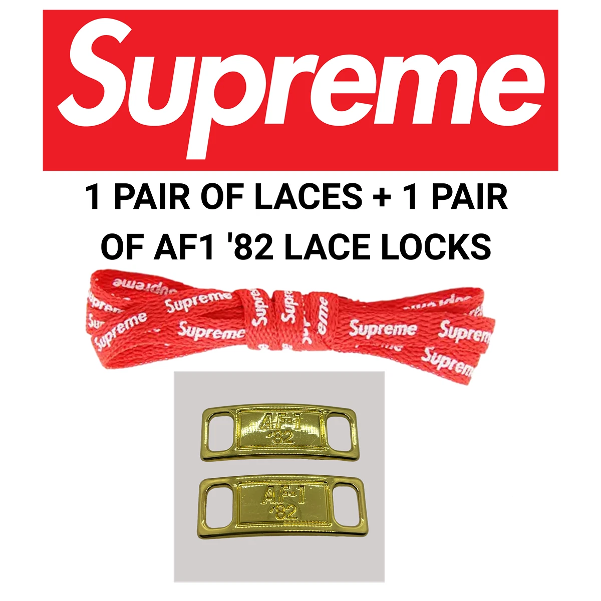 Paire de lacets de chaussures Supreme rouge avec une paire de serrures en dentelle AF1 dorées 120 cm 47 po