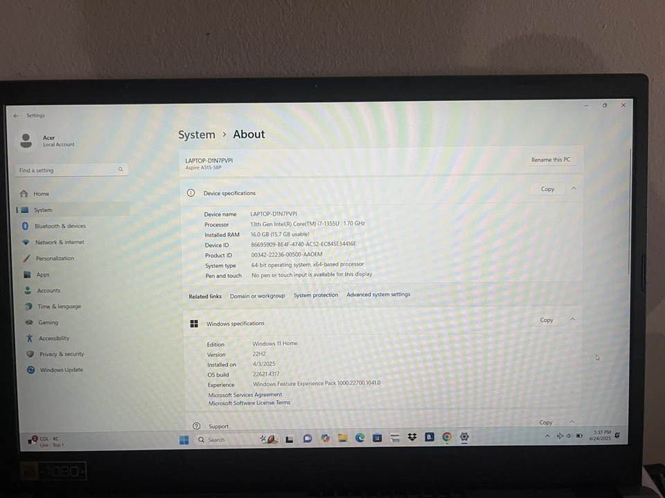 Acer 15.6" Aspire 5 Laptop Intel Core i7-1355U 16GB 1TB SSD  + FREE EXT DVD  WR - Image 4 of 4