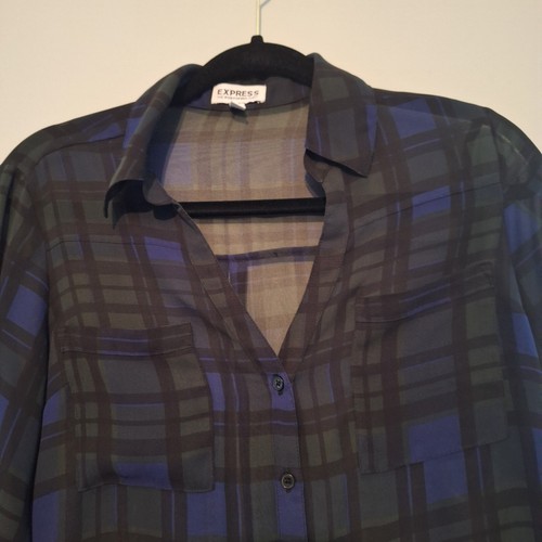 Express Portofino Shirt Blouse Womans Small Green Blue Plaid Button Up Sheer