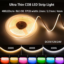5M COB LED Strip Light Dimmable 480LED/M High Density 12V 24V Flexible LED Tape