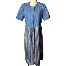 Vintage 90s Denim Striped Button Front Maxi Dress Colorful Cottagecore Large