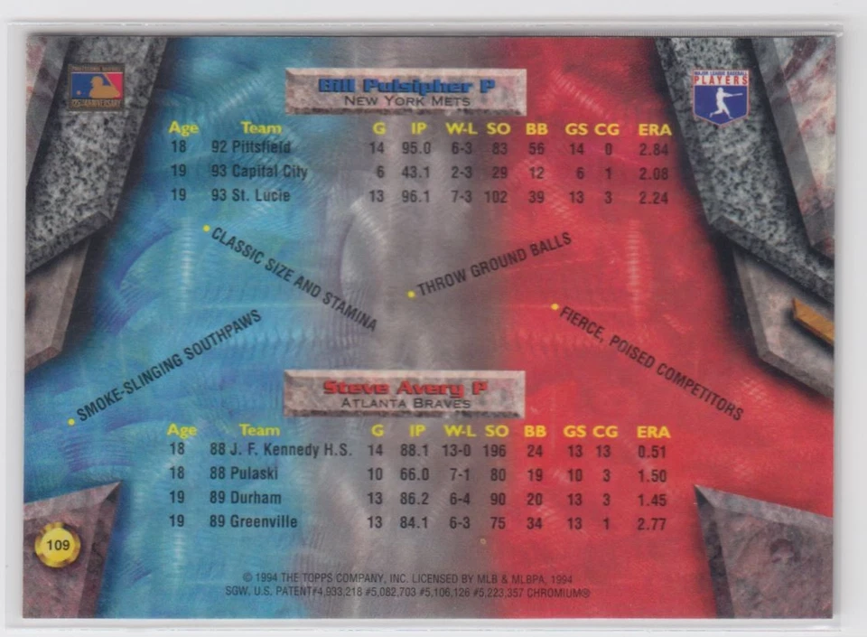 1994 Bowman's Best Steve Avery/Bill Pulsipher Atlanta Braves/New York Mets #109 - Image 2 of 2