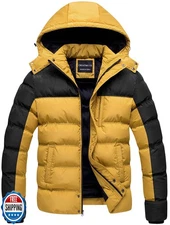 CREATMO US Men's Quilted Bomber Jacket Warm Thicken Ski Coat Black and Yellow