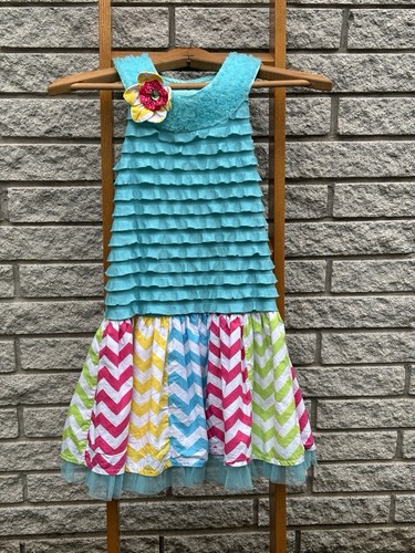 Rare Edition Little Girls 6x Ruffled Chevron Pattern Blue Yellow Pink Sundress - Picture 2 of 12