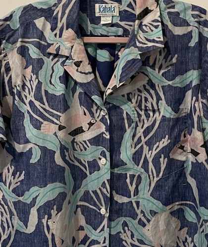 VTG KAHALA Men Hawaiian Shirt Reverse Tropical Print Large 100% Cotton USA-Stain - Imagen 2 de 9