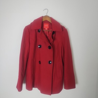 Esprit Double Breasted Pea Coat Womens Medium Red Wool Blend Hooded Classic Chic