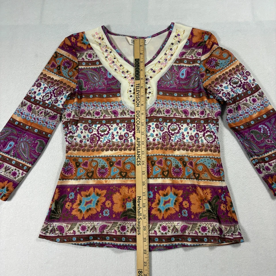 Top John Paul Richard Boho Paisley Cuentas M Multicolor Manga Larga Cuello en V Foto 3 de 4