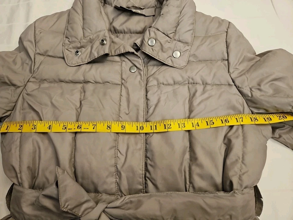 Vtg 90s Puffer Down Jacket Long Womens Sz 12 Belted Lightweight Taupe - Image 3 of 4