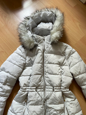 Cache Cache Damen Steppjacke Weiß Kapuze Fellbesatz Reißverschluss Taschen