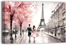 Paris Canvas Wall Art Pink Eiffel Tower Picture Wall Decor Couple in Street Pain