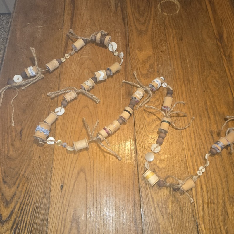 Over 6.5' Garland Of Wooden Spools Of Thread And Buttons
