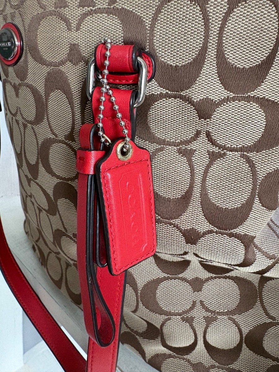 Coach Signature Tote Bag – Brown Canvas with Red Leather Trim | eBay