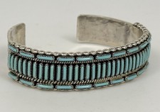 Vtg ZUNI Cal Eustace 925 Sterling Silver Petit Point Turquoise Cuff Bracelet