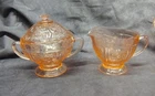 Vintage Federal Glass Cabbage Rose Pink Depression Glass Sugar Bowl & Creamer