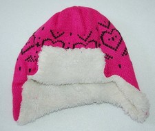 Toddler Girls KNIT Sherpa Lined Winter Hat EAR FLAPS Pink White Black Hearts