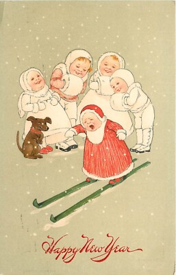 M.M. Vienne New Year Postcard 547 Snow Babies &Dog Laugh at Crying Child on Skis