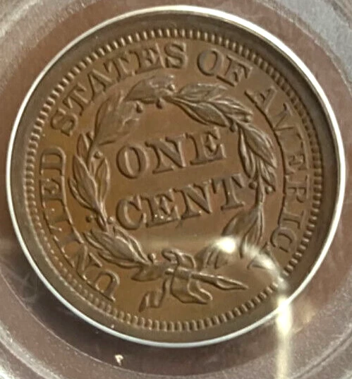 1852   N- 12 BRAIDED  HAIR  LARGE    CENT     PCGS AU58  ( CAC  APPROVED ) - Image 3 of 4