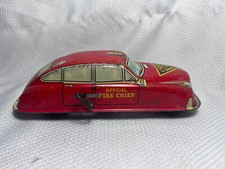 Vtg Marx Toys USA Tin Litho Wind Up Official Fire Chief FD Red Car Plate 14C777