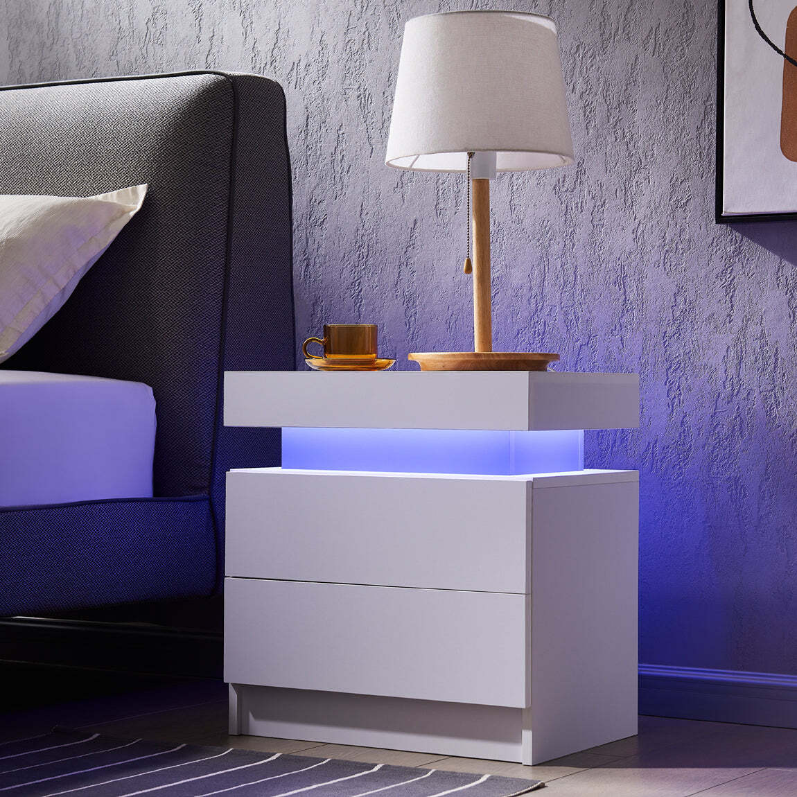 Modern Nightstand w/ LED Lights & 2 Drawers - White