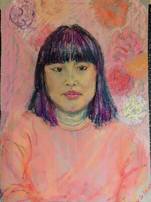 Original oriental pastel drawing signed by Jung Shin ? woman portrait