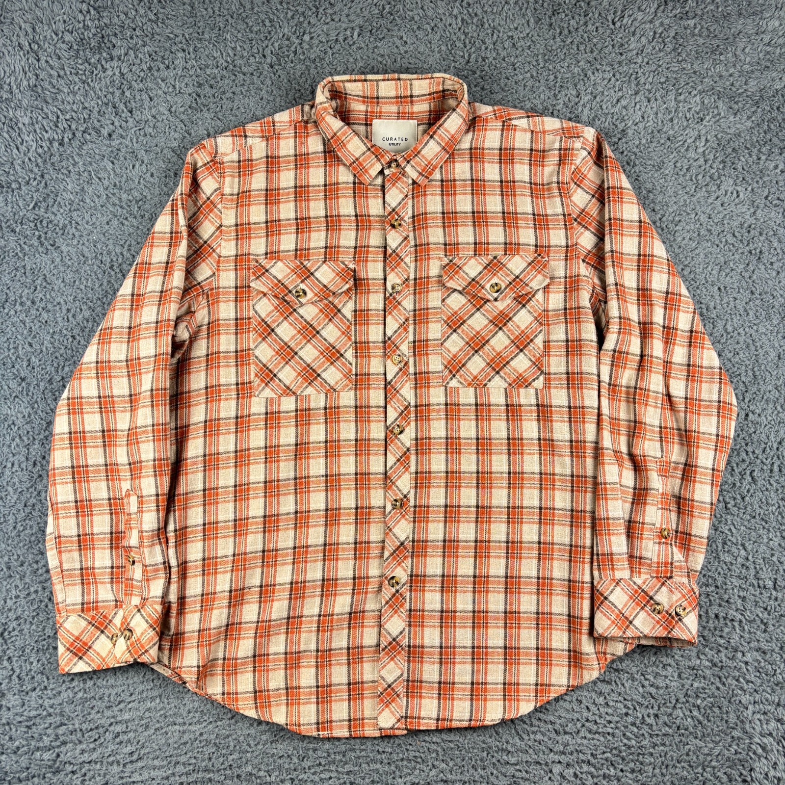 Curated Utility Overshirt Mens XL Orange Flannel Check Pockets Utility Field