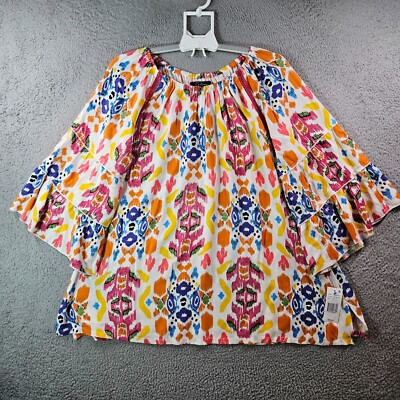 NWT Calessa 1X Tunic Top Blouse Women Colorful Aztec Geometric Lace Detailed