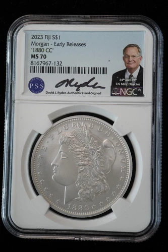 2023 Fiji 1880-CC Morgan Dollar Early Releases NGC MS-70 David Ryder Signed