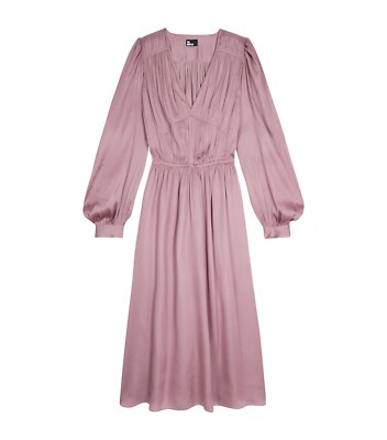 THE KOOPLES Pleated V-neck Satin Midi Dress Color DARK PURPLE THE KOOPLES Pleated V-neck Satin Midi Dress Color DARK PURPLE
