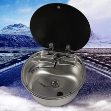 Stainless Steel Hand Wash Round Basin Sink With Glass Lid For RV Campers Boat