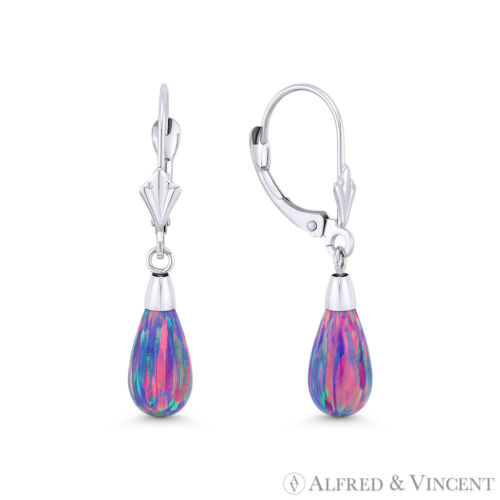 Lavendel Lab-Created Opal 14k Weißgold Leverback Träne Ohrhänger - Bild 2 von 3