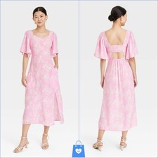 Small - Womens Crepe Flutter Short Sleeve Midi Dress - A New Day - Pink Floral