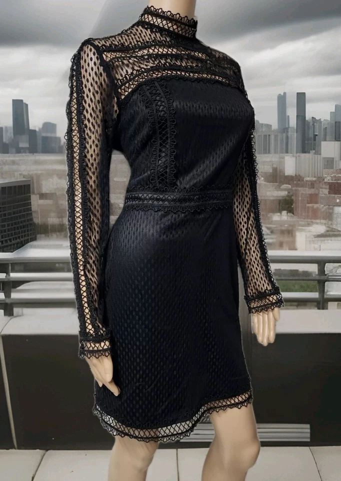 BNWOT BEBE SYDNEY sz S 10 Black Short DRESS Long LACE Sleeve Cocktail #B4 - image 2 of 4