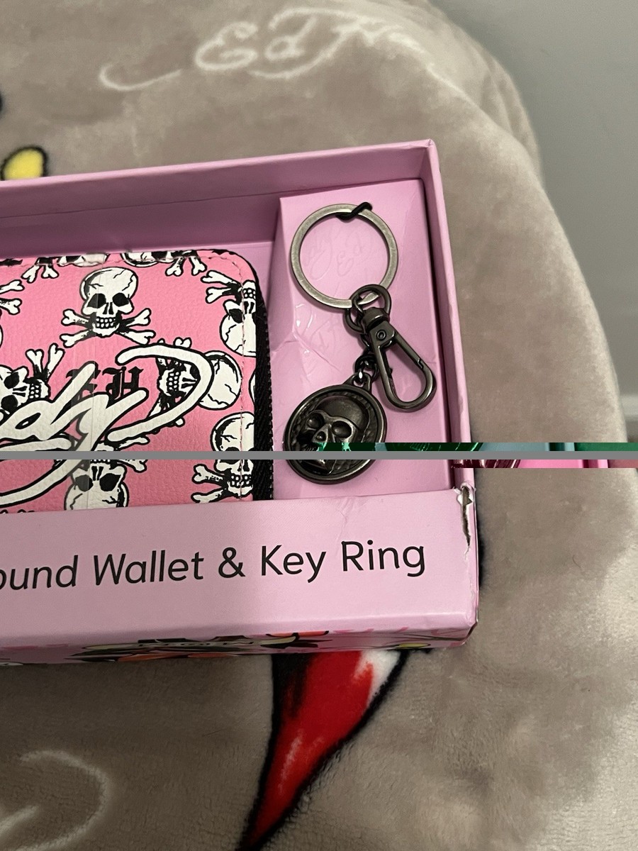 Ed Hardy Wallet Zip Around & Key Ring Pink Skull Bone & ED