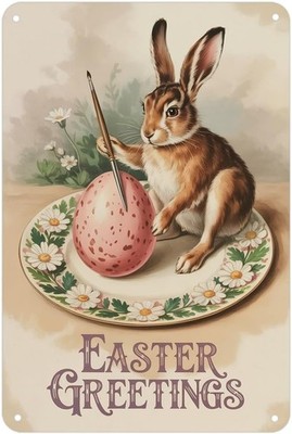 Easter Bunny Painting Egg Vintage Tin Metal Signs Home Décor 8x12
