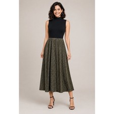 J.Crew Mixed Media Mockneck Metallic Pleated Midi Dress Black Gold Sparkle S NWT