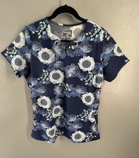 Butter-Soft STRETCH Women's Scrub Top Navy Multi-Floral Print Grommet Accents