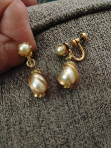 Paar Vintage HG 12kt Gold gefüllt Käfig Kunstperlen Tropfen Schraube Typ Ohrringe - Bild 2 von 3